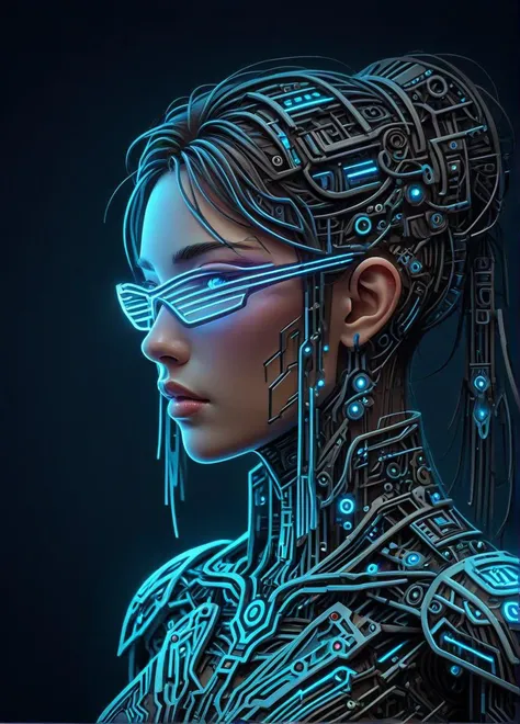 cybernetic style Cyberpunk beauty woman, bangs, blue eyes, closed mouth, inner glow, gradient background, hair ornament, hair stick, long hair, looking at viewer, makeup, mascara,  tassel, Tai Chi, science fiction, glow effect, high detail, best quality, Tang Dynasty clothing,  <lora:Neon_Cyberpunk_Papercut_SDXL:0.8> papercut, outline, glowing, . futuristic, technological, cybernetic enhancements, robotics, artificial intelligence themes,
