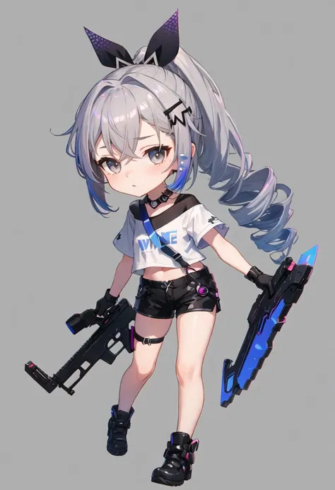 best quality, masterpiece, highres, solo, {silver_wolf_starrail:0.90}, chibi, 1girl, black_footwear, holding_gun, short_sleeves, black_shirt, black_shorts, full_body, hair_ribbon, twin_drills