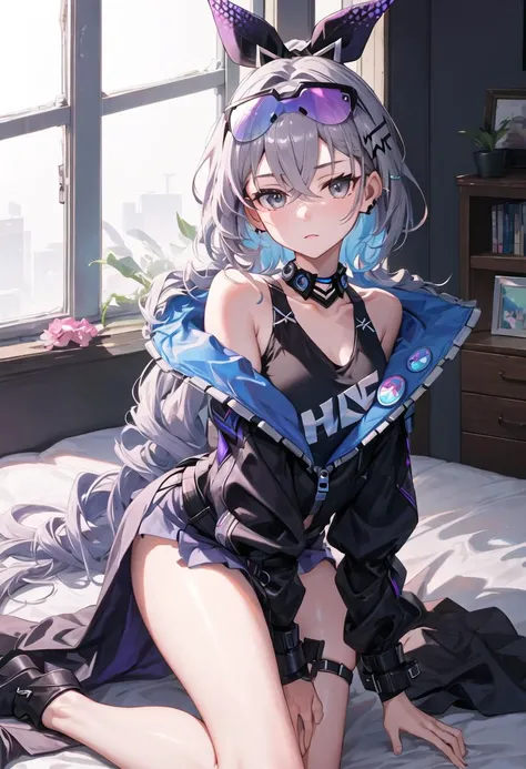 {safe:1.10}, best quality, masterpiece, highres, solo, {silver_wolf_starrail:0.90}, sitting, sitting on chair, chair, cowboy_shot, looking at viewer