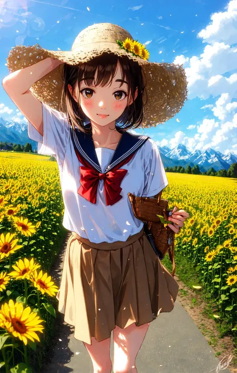 1girl, adjusting_clothes, adjusting_headwear, aerial_fireworks, artist_name, bangs, basket, blue_sky, blurry, blurry_background, blurry_foreground, blush, bow, brown_eyes, brown_hair, cloud, cloudy_sky, crescent_moon, daisy, dandelion, dated, day, depth_of_field, electric_fan, eyebrows_visible_through_hair, ferris_wheel, field, fireworks, flower, flower_field, ginkgo_leaf, ground_vehicle, hair_ornament, hairclip, hand_on_headwear, hat, hat_flower, hauchiwa, holding, holding_flower, kazami_yuuka, kneehighs, lemon, lens_flare, looking_at_viewer, medium_breasts, medium_hair, motion_blur, mountain, mountainous_horizon, orange_flower, outdoors, path, petals, plaid, plaid_skirt, pleated_skirt, rainbow, red_bow, red_bowtie, red_ribbon, ribbon, road, sailor_collar, school_uniform, serafuku, shirt, short_hair, short_sleeves, signature, skirt, sky, smile, socks, solo, standing, summer, sun, sun_hat, sunflower, sunflower_hair_ornament, sunlight, sunset, twitter_username, watermark, white_legwear, white_shirt, wind, wooden_fence, yakumo_ran, yellow_flower, yellow_rose, yellow_sky, yellow_theme,  <lora:style_morikuraen:1>