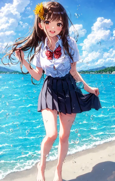 1girl, :d, air_bubble, arm_up, bangs, bare_legs, barefoot, beach, blue_skirt, blue_sky, blush, boat, bow, bowtie, breast_pocket, breasts, brown_eyes, brown_hair, bubble, caustics, cloud, cloudy_sky, collarbone, collared_shirt, day, dress_shirt, eyebrows_visible_through_hair, feet, floating_hair, flower, hair_flower, hair_ornament, hairclip, hand_up, holding, holding_flower, horizon, island, lake, leg_up, long_hair, looking_at_viewer, medium_breasts, mountain, mountainous_horizon, ocean, open_mouth, orange_flower, outdoors, pink_flower, pleated_skirt, pool, poolside, red_bow, red_bowtie, red_flower, river, sand, school_uniform, shallow_water, shirt, shore, short_sleeves, skirt, skirt_hold, sky, smile, solo, splashing, standing, standing_on_one_leg, striped, striped_bow, striped_bowtie, sunflower, sunflower_hair_ornament, sunlight, swimsuit, teeth, thighs, wading, walking_on_liquid, water, water_drop, watercraft, waves, white_flower, white_shirt, yellow_flower <lora:style_morikuraen:1>