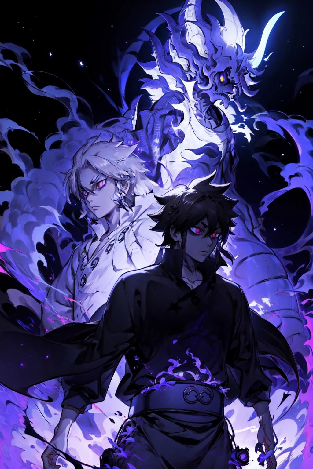 Indra, masterpiece, best quality, 1boy, brown hair, long ponytail, red eyes, short eyebrows, white outfit, standing, night, standing, mountain, expressionless, looking away, stars, clouds, upper body, <lora:indra:0.9> <lora:Susanoo:0.7>, (purple aura:1.4), susanoo, aura surrounding, glowing eyes, ((1boy inside a purple glowing dragon)), smoke, flare, electricity, plasma,