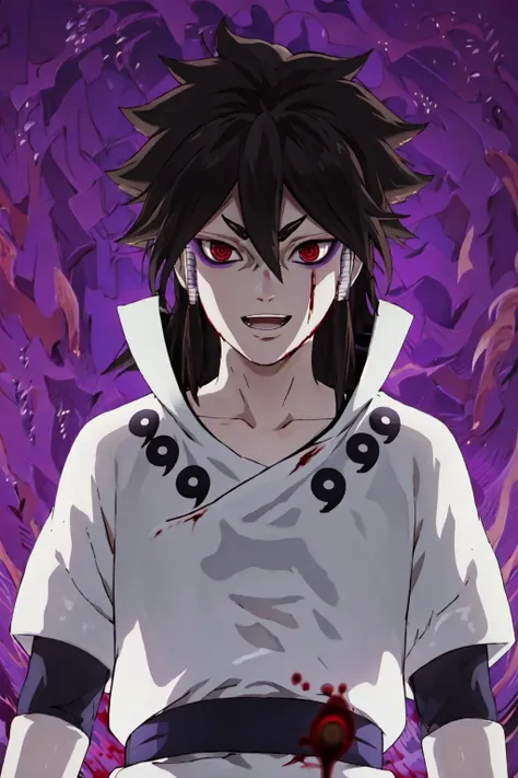 Indra, masterpiece, best quality, 1boy, brown hair, long ponytail, red eyes, short eyebrows, upper body, white outfit, ((purple aura)), outstrechted arms, :D, teeth, (blood), <lora:indra:1>