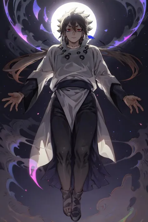 Indra, masterpiece, best quality, 1boy, brown hair, long ponytail, red eyes, short eyebrows, white outfit, (purple aura:1.1), black legwear, full body, (flying), outstretched arms, night, clouds, stars, looking at viewer, from below <lora:indra:1>