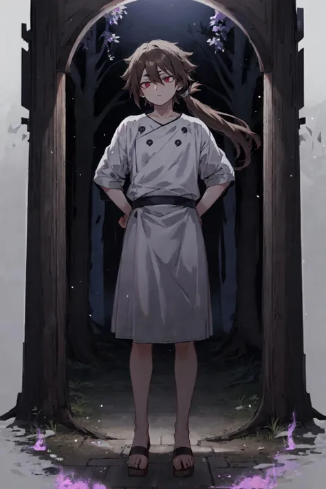 Indra, masterpiece, best quality, 1boy, brown hair, white outfit, long ponytail, red eyes, short eyebrows, purple aura, forest, full body, sandals, night, fog, hands on hips, looking away <lora:Indra_Ôtsutsuki__Character_LoRA_Naruto:1>
