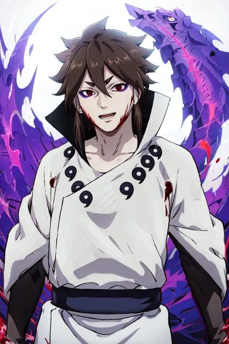 Indra, masterpiece, best quality, 1boy, brown hair, long ponytail, red eyes, short eyebrows, upper body, white outfit, ((purple aura)), outstrechted arms, :D, teeth, (blood), <lora:indra:1>