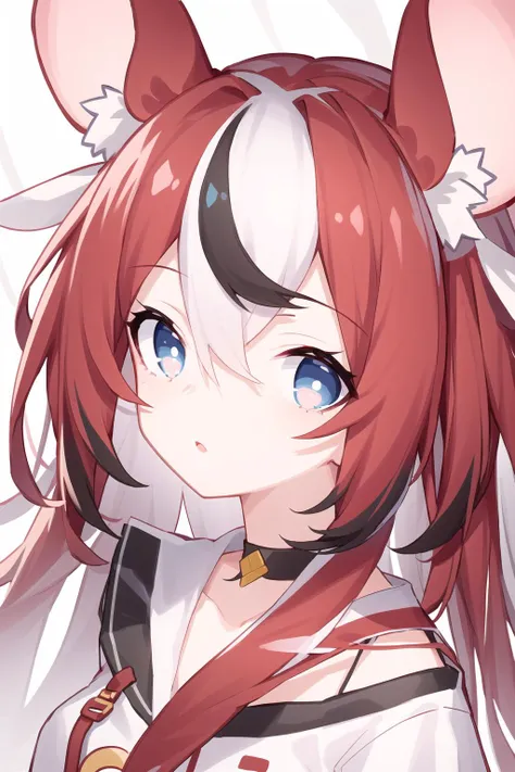 best quality, intricate details,


1girl, long hair, red hair, messy hair, red highlights, white highlights, mouse ears, white shirt, black highlights, red writing, blue eyes,

choker, torn legwear,

hakos baelz,   <lora:hakos baelz:0.8>    

 <lora:quanAvatarStyle_v20:0.8> looking to left, face , facial ,