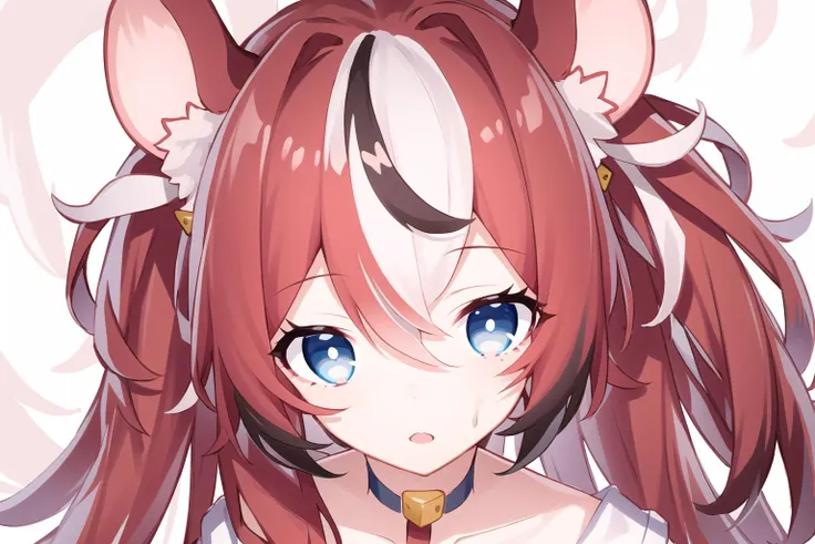 best quality, intricate details,
1girl, long hair, red hair, messy hair, red highlights, white highlights, mouse ears, white shirt, black highlights, red writing, blue eyes,
choker, torn legwear,
hakos baelz, <lora:hakos baelz:0.8>
<lora:quanAvatarStyle_v20:0.8> looking at viewer, face , facial ,