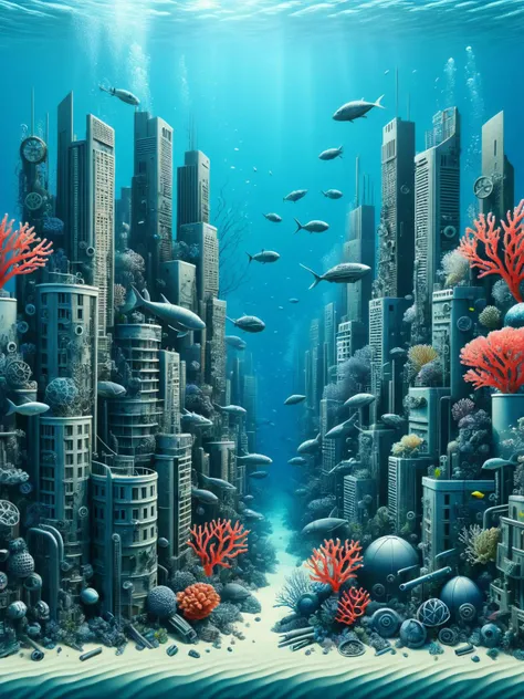 ais-scrapyrd city underwater with coral reefs and marine life <lora:Scrapyard_Style_SDXL:1>