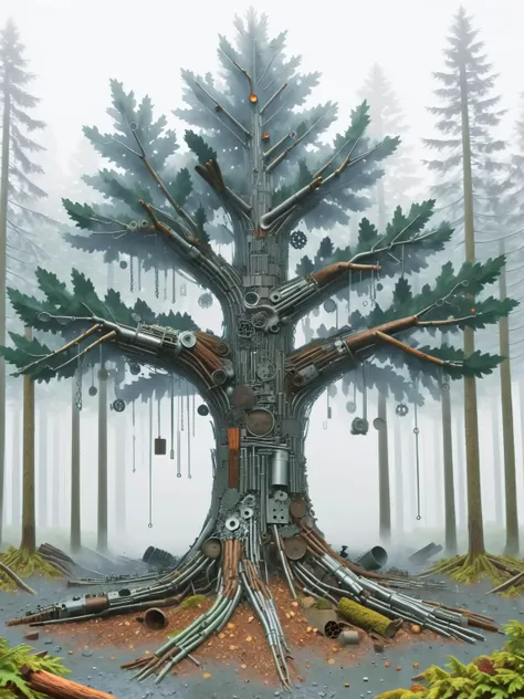 ais-scrapyrd tree, in a misty forest <lora:Scrapyard_Style_SDXL:1>