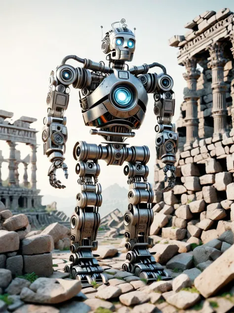 ais-scrapyrd robot, exploring ancient ruins <lora:Scrapyard_Style_SDXL:1>