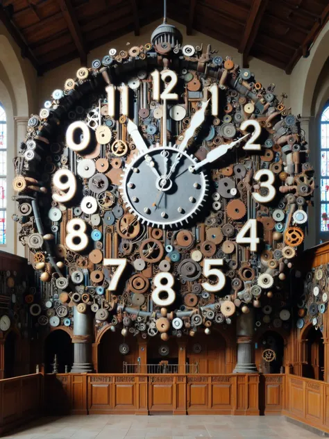 ais-scrapyrd clock, ticking in a grand hall <lora:Scrapyard_Style_SDXL:1>