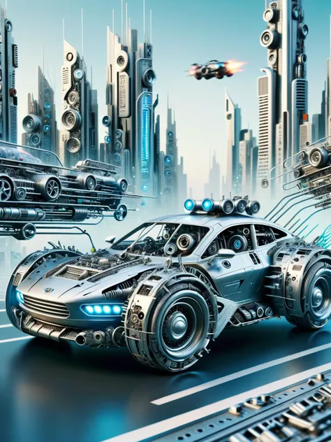 ais-scrapyrd car, racing through a futuristic city <lora:Scrapyard_Style_SDXL:1>