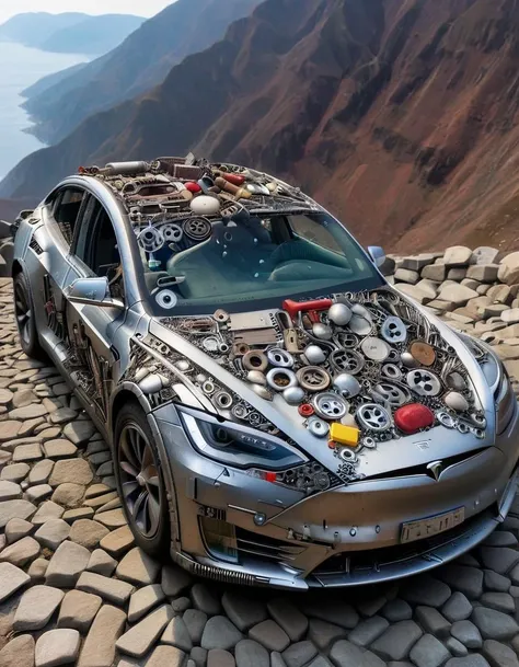ais-scrapyrd Tesla car, on the edge of the clif