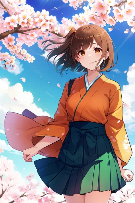 masterpiece, (best quality:1.4), best illustration, best shadow, (beautiful detailed:1.4), finely detailed, (dramatic light:0.9), HDR, ray-tracing, intricate details, cherry blossoms, sakura tree, (floating sakura), blue sky, white cloud, 1girl, solo, BREAK, (hiryuuchan:1.22), cowboy shot, smile, short hair, (one side up:1.44), medium breasts, (wind:1.33), hakama short skirt, green hakama skirt, miniskirt, (orange) kimono, hand on own head, perspective, brown hair, brown eyes, looking at viewer,