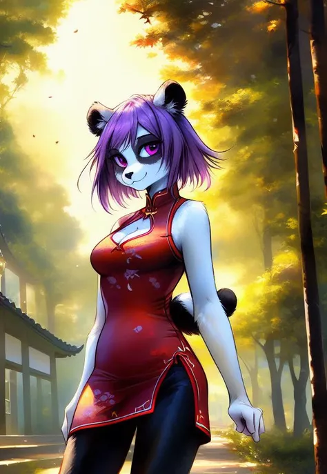 <lora:nijifusion:1> niji style, exceptional, by kenket, kemono, female, (anthro:1.2), (giant panda:1.1), purple eyes, purple hair, bangs, (chinese dress:1.1), cleavage cutout, (leggings:1.1), shrine, solo, outdoors, breasts, pose, portrait, looking at viewer, outside, trees, 5 fingers, two tone body, black fur, white fur, bokeh, soft shading, falling leaves, sunlight,