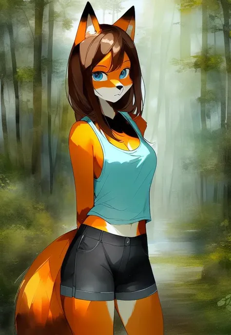 <lora:nijifusion:1> niji style, exceptional, [:watercolor \(artwork\),:0.25] [by fairwind::0.5], female, (anthro:1.2), fox, blue eyes, brown hair, (orange body:1.1), solo, tank top, shorts, outdoors, breasts, pose, snout, black nose, portrait, looking at viewer, detailed background, forest