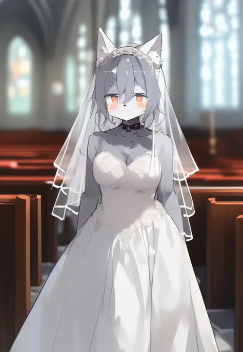 <lora:nijifusion:1> niji style, exceptional, by nekowuwu, kemono, female, (anthro:1.2), wolf, wedding dress, grey body, church