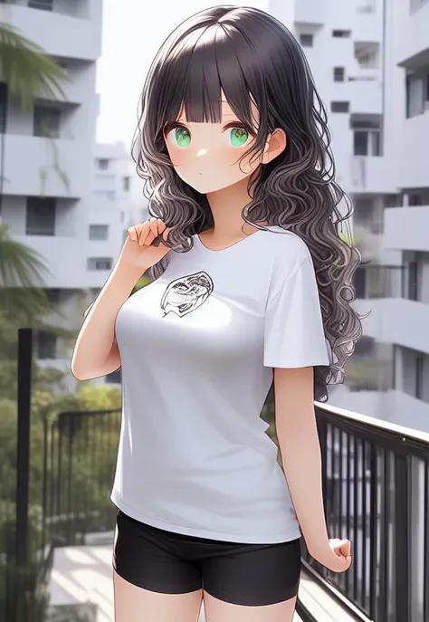 <lora:nijifusion:1> niji style, exceptional, [by fairwind::0.5], 1girl, solo, (slim:1.1), breasts, t-shirt, shorts, 5 fingers, wavy hair, long hair, bangs, detailed background,  green eyes, portrait, big eyes, pose, apartment