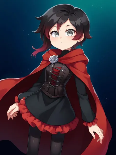 score_9, score_8_up, score_7_up, source_anime, BREAK
1girl, solo,  <lora:Miwako:1> round head, round face,, Ruby Rose \(Rwby\), black hair, red hair, gradient hair, silver eyes, short hair, black dress, red frills, red cloak, pantyhose, black pantyhose, black boots, long sleeves, red trim, corset, black corset, turtleneck