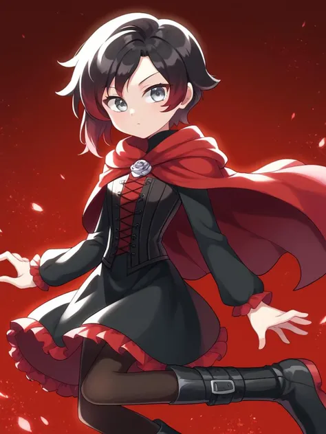 score_9, score_8_up, score_7_up, source_anime, BREAK
1girl, solo,  <lora:Miwako:1> round head, round face,, Ruby Rose \(Rwby\), black hair, red hair, gradient hair, silver eyes, short hair, black dress, red frills, red cloak, pantyhose, black pantyhose, black boots, long sleeves, red trim, corset, black corset, turtleneck