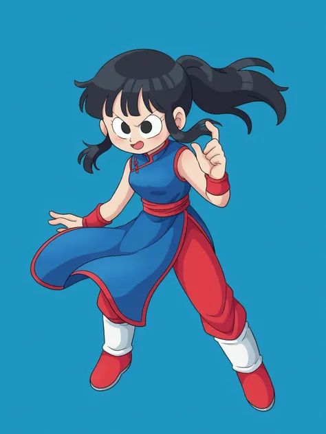 score_9, score_8_up, score_7_up, source_anime, BREAK
1girl, solo, <lora:Miwako:1> round head, round face, <lora:chichi_pony_v1:0.6> chi-chi, long hair, bangs, black hair, ponytail, sidelocks, blunt bangs, black eyes, blue dress, red pants, sleeveless dress, chinese clothes, red wristband, china dress, red sash, white leg warmers, shoes,