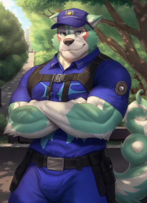 <lora:oguchi-08:0.9>, oguchi, solo, curled tail, (pose), (posing), muscular male, bara, plump, (soft shading), 4k, hi res, ((detailed face, detailed eyes, detailed)), (full body), by zackarry911, by zaush, (by personalami:0.5), shirt, 1boy, hat, upper body, male focus, belt, uniform, blue headwear, police, police uniform, chest harness, police hat, tokyo, (street:1.3), city, smile, crossed arms, park, tree