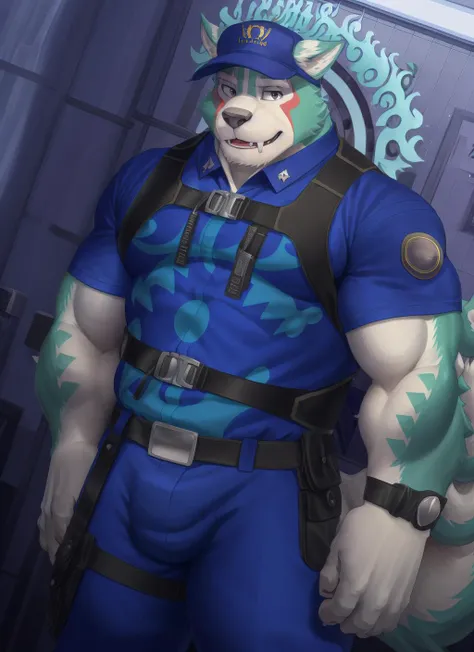 <lora:oguchi-08:0.9>, oguchi, solo, curled tail, (pose), (posing), muscular male, bara, plump, (soft shading), 4k, hi res, ((detailed face, detailed eyes, detailed)), (full body), by zackarry911, by zaush, (by personalami:0.5), smile, shirt, 1boy, hat, male focus, thighs, pants, uniform, feet out of frame, fangs, thick thighs, bulge, police, harness, police uniform, police hat, thick arms, tokyo, street, city,