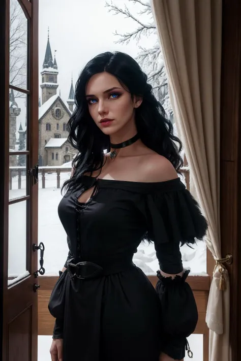 <lora:W3Yennefer:0.8> W3Yennefer, 1girl, blue eyes, choker, castle, snow, indoors, jewellery, long hair, looking outside, solo, black dress, masterpiece, best quality