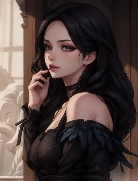 sexy clothes, character portrait, 3 9 9 0 s, long hair, intricate, elegant, highly detailed, digital painting, artstation, concept art, smooth, sharp focus, illustration,((massive perfect breast)),,, cleavage,,,,,, dark purple eyes, black hair, gothic makeup, dark colors, high contrast, dark atmosphere, highly detailed skin texture, extreme details