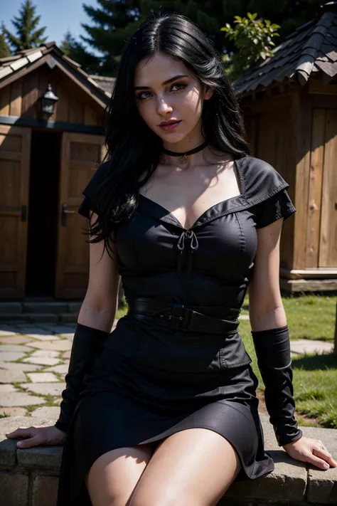 A stunning full color intricate portrait in Ultra-HD, a 30 year old girl, detailed face, ((ultra detailed, masterpiece, best quality)), W3Yennefer, 1girl, solo, black hair, black yennefer dress from the witcher 3 wild hunt, glowing purple eyes, sitting, night, night village, smiling, slim body, epic character composition . . alessio albi, nina masic, sharp focus, natural lighting, subsurface dispersion, f2, 35mm