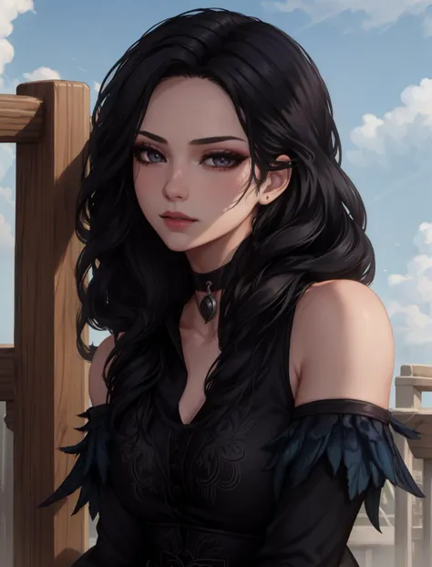 YenneferWitcher, 1girl, black hair, solo, choker, long hair, purple eyes, looking at viewer, black choker, makeup, lips, closed mouth, lipstick, blue eyes, upper body, chromatic, beautiful, nice , <lora:YenneferWitcher:0.7>
 (photo-realistic,ultra realistic 8k CG:1.2),perfect artwork,delicate pattern,(best quality,intricate detail,extremely intricate:1.2),70mm telephoto lens,perfect lighting,detailed lighting,dramatic shadows,ray tracing,bloom,(idol),(detailed clothes features),Exquisite Makeup, (( Leaning on an invisible fence )) fFaceDetail