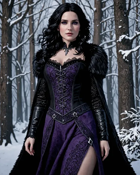 (slit pupils, white eyes, black sclera), digitigrade, [collar], masterpiece, best quality, detailed realistic fur, (purple dress:1.3), fancy pants, (background is a snowy forest), detailed background, tongue out (licking), (low angle shot), detailed face, detailed eyes, detailed fluffy fur, fluffy tail, clothed, clothing. Nude