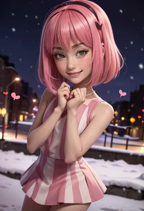 (looking at viewer:1.2), (((1girl))), (((solo))), <lora:stephanie_V3:0.8>, with pink hair and a pink wig, striped dress, blushed cheeks:1.3, (devilish smirk:1.3), best quality, extremely detailed, detailed eyes:1.3, masterpiece, 32k, RAW, (alone at street), (((night:1.3))), winter, snow, snowing, detailed fingers, extremely cute, (((hearts))), lovely, (blushed cheeks:1.3), dynamic pose:1.2,