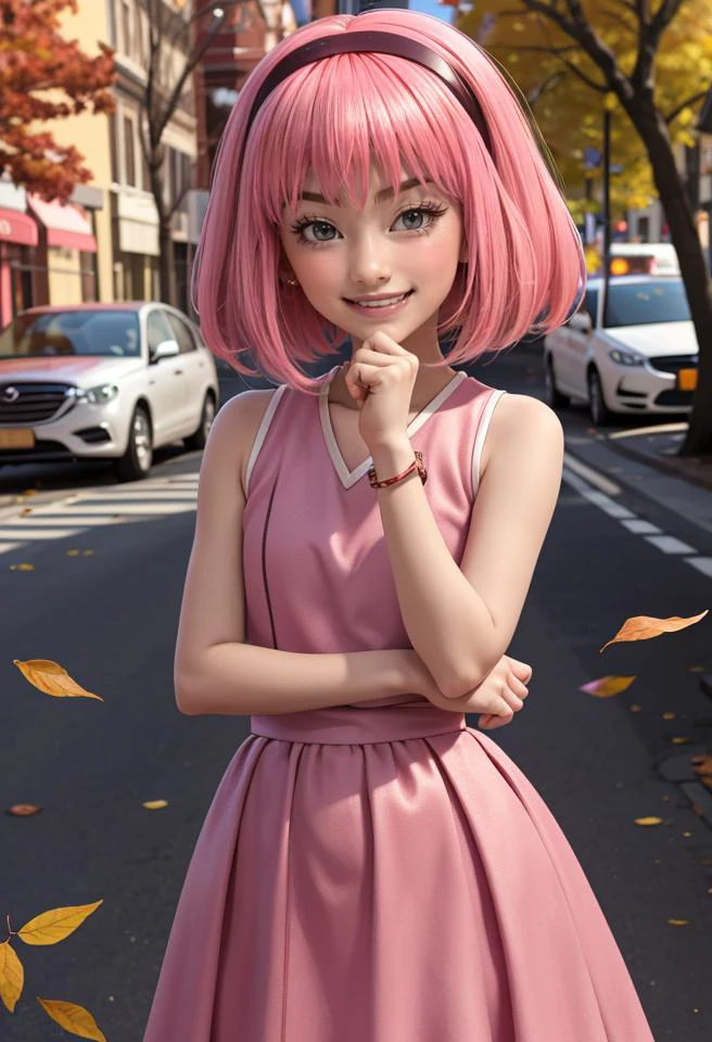 (looking at viewer:1.2), (((1girl))), (((solo))), <lora:stephanie_V3:0.8>, with pink hair and a pink wig, striped dress, blushed cheeks:1.3, (devilish smirk:1.3), best quality, extremely detailed, detailed eyes:1.3, masterpiece, 32k, RAW, (alone at street), autumn, falling leaves, extremely cute, hearts, lovely, (blushed cheeks:1.3), teen girl, 18yo, (long skirt),