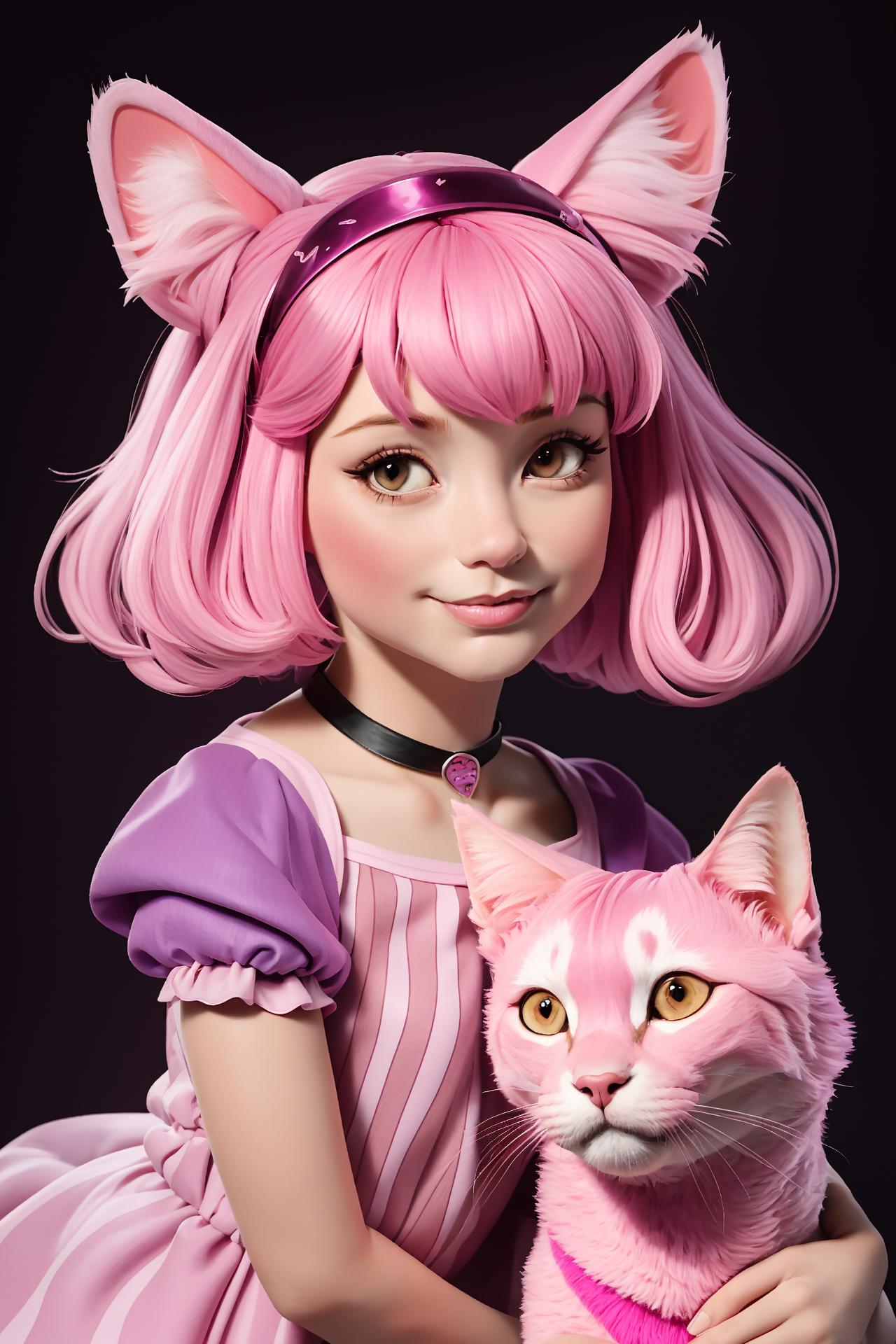 A close up of a girl holding a cat with pink hair - SeaArt AI