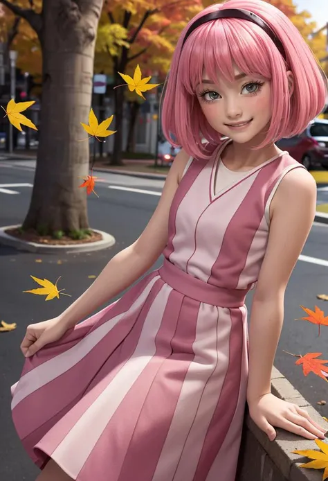 (looking at viewer:1.2), (((1girl))), (((solo))), <lora:stephanie_V3:0.8>, with pink hair and a pink wig, (striped dress), blushed cheeks:1.3, (devilish smirk:1.3), best quality, extremely detailed, detailed eyes:1.3, masterpiece, 32k, RAW, (alone at street), autumn, falling leaves, extremely cute, hearts, lovely, (blushed cheeks:1.3), teen girl, 18yo, (long skirt),