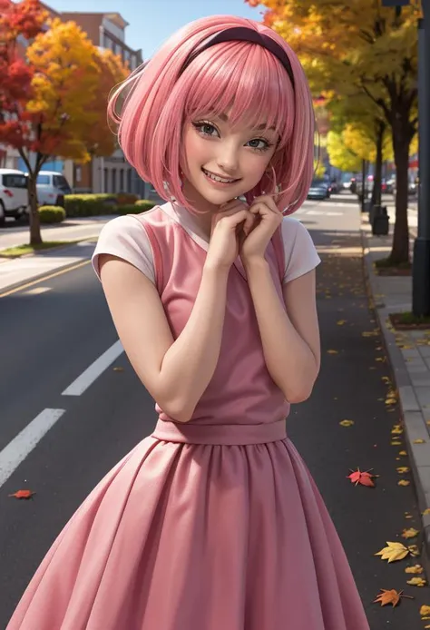 (looking at viewer:1.2), (((1girl))), (((solo))), <lora:stephanie_V3:0.8>, with pink hair and a pink wig, striped dress, blushed cheeks:1.3, (devilish smirk:1.3), best quality, extremely detailed, detailed eyes:1.3, masterpiece, 32k, RAW, (alone at street), autumn, falling leaves, extremely cute, hearts, lovely, (blushed cheeks:1.3), teen girl, 18yo, (long skirt),