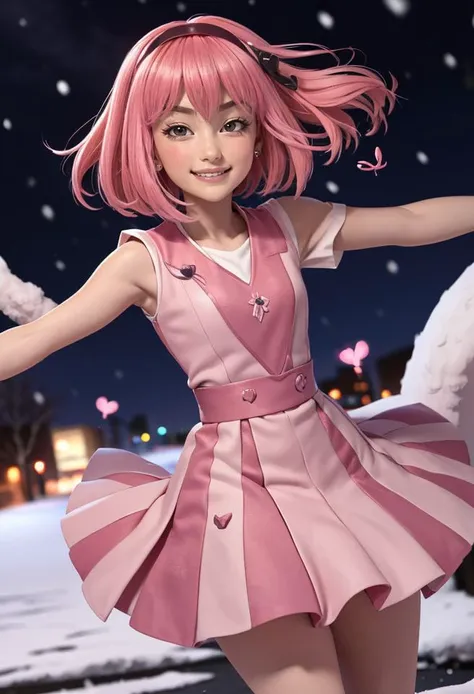 (looking at viewer:1.2), (((1girl))), (((solo))), <lora:stephanie_V3:0.8>, with pink hair and a pink wig, striped dress, blushed cheeks:1.3, (devilish smirk:1.3), best quality, extremely detailed, detailed eyes:1.3, masterpiece, 32k, RAW, (alone at street), (((night:1.3))), winter, snow, snowing, extremely cute, (((hearts:1.3))), lovely, (blushed cheeks:1.3), ((dynamic pose:1.2)), teen girl, long skirt,