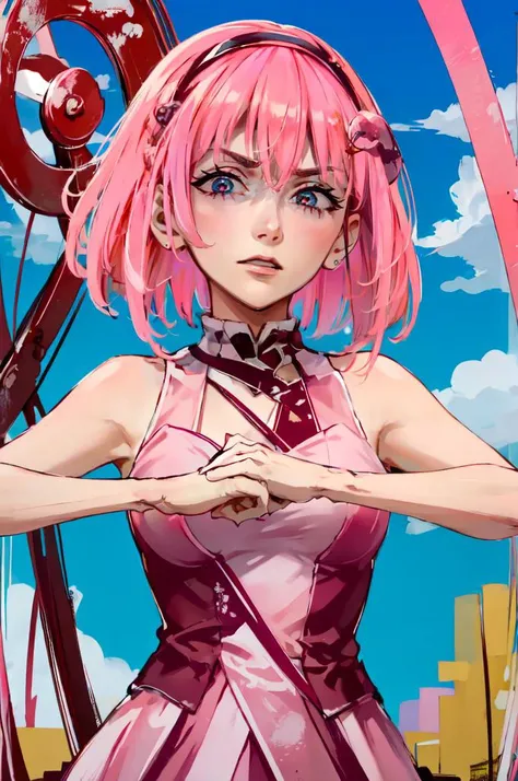 ultra detailed, masterpiece, best quality, solo, outdoors,
<lora:stephanie_V3:1>, with pink hair and a pink wig, striped dress, <lora:concept_fistinhand:1> fist in hand, <lora:disgusted:1> disgusted face, looking at viewer, portrait, <lora:age_slider_v2:2>