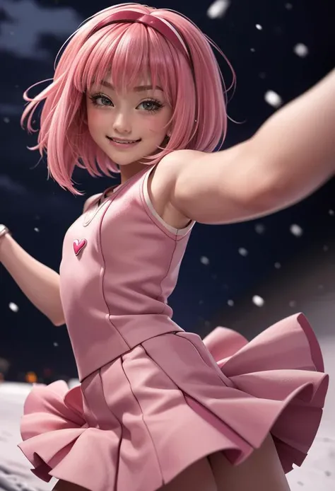 (looking at viewer:1.2), (((1girl))), (((solo))), <lora:stephanie_V3:0.8>, with pink hair and a pink wig, striped dress, blushed cheeks:1.3, (devilish smirk:1.3), best quality, extremely detailed, detailed eyes:1.3, masterpiece, 32k, RAW, (alone at street), (((night:1.3))), winter, snow, snowing, extremely cute, (((hearts:1.3))), lovely, (blushed cheeks:1.3), ((dynamic pose:1.2)), teen girl, long skirt,