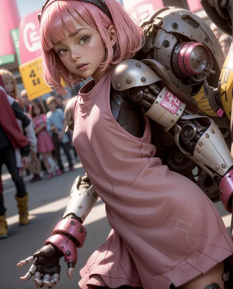 stephanie, 1girl, shiny pink wig, bokeh, photo, film, face, stripped dress, <lora:stephanie_V3:0.7>, lazy town, child, black eyes, hair bandana, realistic, photorealistic, robot,  <lora:mechanicalarms-000010:0.5> mechanical arms, clounds behind