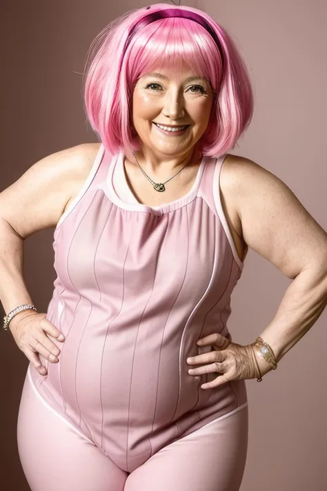 a realistic photo of a 70 year old stephanie with pink hair and a pink wig, AS-Elderly, (chubby), (seductive smile:0.6), grin512, (looking at viewer:1.4), (pastel colors), realistic, <lora:stephanie:1>  <lora:add_detail:0.6>