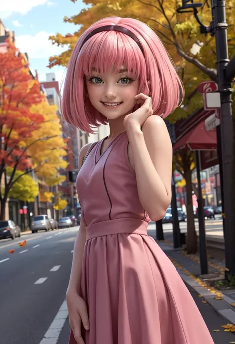 (looking at viewer:1.2), (((1girl))), (((solo))), <lora:stephanie_V3:0.8>, with pink hair and a pink wig, striped dress, blushed cheeks:1.3, (devilish smirk:1.3), best quality, extremely detailed, detailed eyes:1.3, masterpiece, 32k, RAW, (alone at street), autumn, falling leaves, extremely cute, hearts, lovely, (blushed cheeks:1.3), teen girl,18yo,. (long skirt),