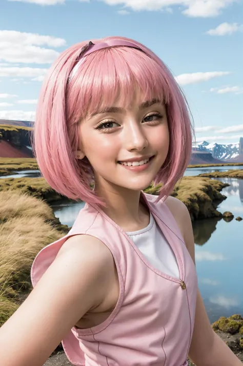 masterpiece, highly detailed, dynamic angle raw portrait, sharp focus, vibrant colors, stephanie, lazy town, pink hair, cute dress, smile, icelandic, outdoors <lora:stephanie_V2:0.8>