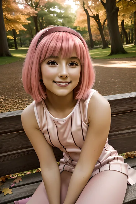 stephanie a girl, stephanie <lora:stephanie_V3:1>, stephanie face, with pink hair and a pink wig,best quality,masterpiece,ultra high res,photorealistic,1girl,offshoulder,smile,(european:1.5),smile,striped dress, one piece dress, sleeveless dress, tight dress, blush pink leggings, pale pink leggings, skin-tight leggins, plastic bracelet, pink bracelet, intricate detail, view from below, wider shot, sitting on a bench, park, butterflies, particles, bokeh effect, hands down, ((looking up)), sunset, autumn, brown leaves, trees on background,(rich:1.4),prestige,gorgeous, photographystyle, perfect hands, look at viewer, perfect mouth, perfect eyes, low angle shot,(perfect hands:1.3), pefect lips, symmetric eyes, detailed eyes, 8k, high quality, f1.8,200mm, hyperdetailed, glow, photorealistic:1.37, 8k, high resolution, ultra high res, cinematic look, magical atmosphere, augmentations, insane details, intricate details, Exquisite details and textures, cinematic film still, intricately detailed, finely detail, High Detail RAW color Photo, hdr, cinematic lighting, ambient lightin, Romantic lighting, soft cinematic light, specular lighting, best quality, highly detailed, radiosity, god rays, sunbeam, raytracing, realistic, 4k textures, gentle light, sunset glow, warm hues