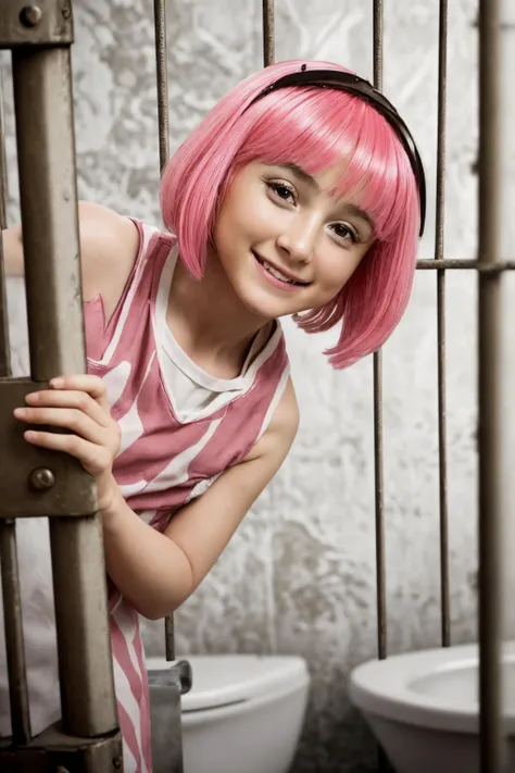 Realistic photo (1girl:1.3), (solo), with a wig and striped pink dress peeking out upper body from a (jail cell:1.3) , metal bars, small bed, cot, toilet, smiling, best quality, masterpiece, 8k, uhd, extremely detailed <lora:peeking_out_upper_body_pruned:2> <lora:stephanie_V3:1>