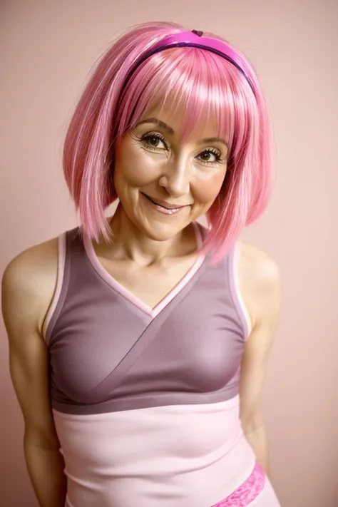 a realistic photo of a 55 year old stephanie with pink hair and a pink wig, AS-Elderly, (skinny:1.4), (seductive smile:0.6), laugh512, (looking at viewer:1.4), (pastel colors), <lora:stephanie:1> <hypernet:slimModelsV1_slimmodelsV1:1>