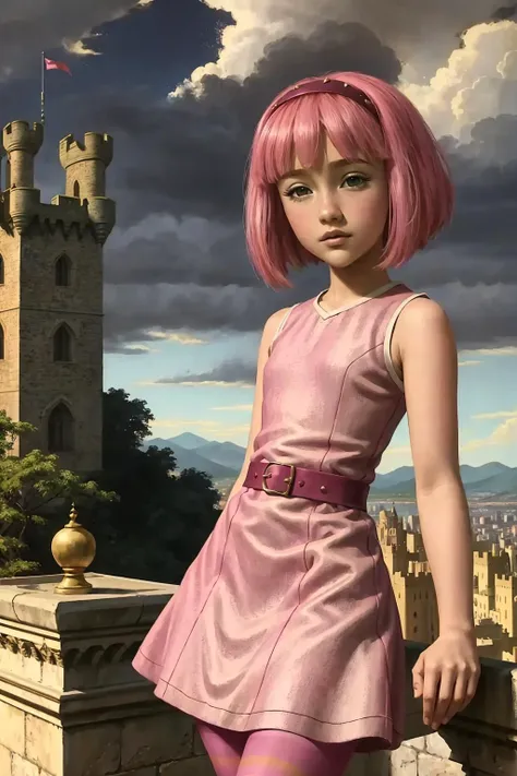 AS-Young zrpgstyle stephanie, pink striped dress stockings standing on the edge of a castle in a fantasy city with tall towers, (zrpgstyle) (masterpiece:1.2) (illustration:1.2) (best quality:1.2) (detailed) (intricate) (8k) (HDR) (cinematic lighting) (sharp focus) <lora:stephanie_V2:1>