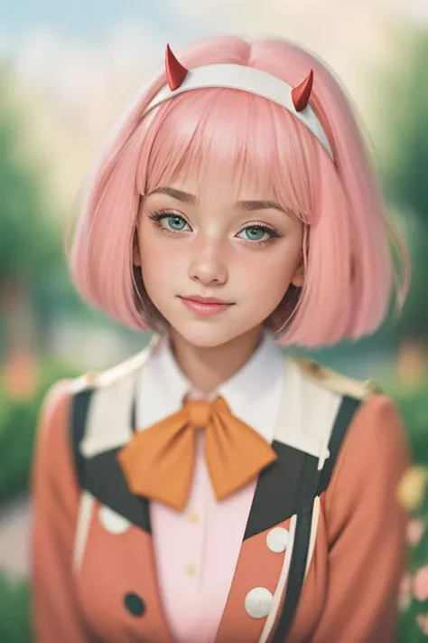 zero two, zero two \(darling in the franxx\), darling in the franxx, glowing green eyes, hairband, long sleeves, , red jacket, closed jacket, red military uniform, horns,  oni horns, orange ascot,
petite, focus,, outdoors, looking at viewer,  full body
ankymoore,  ( illustration:1.4),
hmaw6, ,ankymoore, posing, 
flat breast, flat chest, straight hair,  looking at viewer,   (masterpiece), , <lora:ankymoore:0.65>
 (tight gap:1.3), 
 solo, beautiful face,  (blush:1.7),cute smile, smirk, pink lips, 
( bright pink hair:1.5), short hair, (bushy hair:1.4), bangs, white headband,
(dynamic angle:1.2),
[(
makeup, heavy red eyeliner, stephanie,  
 (best quality:1.2), absurdres, tight clothes, (masterpiece, best quality),  ((blushing)),  freckles,
absurdres,   best quality, face focus, (8k, masterpiece:1.2),
 bloom,accent lighting, film grain, 
simple background, (blurry background:1.8),  (bokeh:1.3),pink leafs, trees, school isle, 
, garnet belt, stockings,
<lora:add_detail:0.2>  <lora:FilmG2:0.6>   ,<lora:lit:0.41>, <lora:stephanie_V2:0.55>  
):8]
<lora:zerotwo_offset:1>